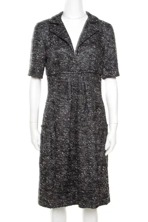Oscar de la Renta Textured Lurex Plunge Neck Detail Short Sleeve Dress M
