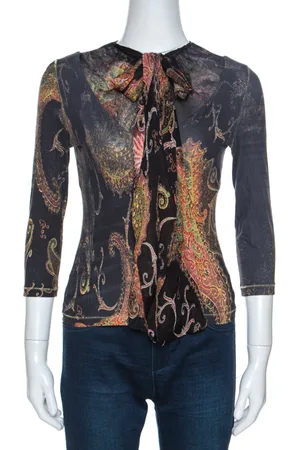 Roberto Cavalli Printed Stretch Knit Neck Tie Detail Top S