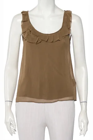 Burberry Khaki Silk Ruffle Neck Detail Sleeveless Top XXS
