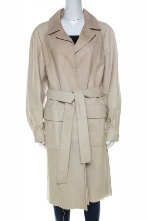 Oscar de la Renta Perforated Python Embossed Leather Belted Coat L