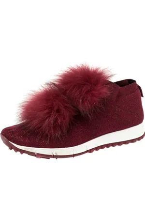 Jimmy Choo Knit Fabric And Fur Pom Pom Norway Sneakers Size 38