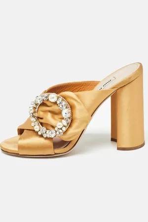 Miu Miu Satin Crystal and Faux Pearl Embellished Brooch Peep Toe Slide Sandals Size 37