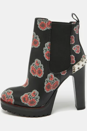 Alexander McQueen /Red Floral Print Leather Studded Ankle Boots Size 36