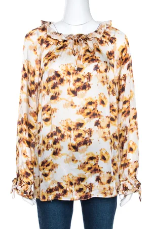 CH Carolina Herrera & Brown Printed Silk Ruffled Blouse L