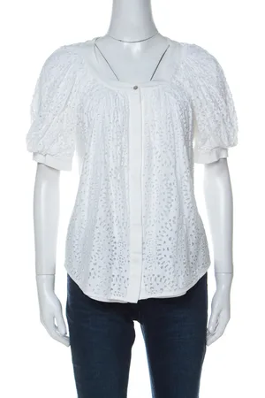 VALENTINO Cotton Tattered Effect Puffed Sleeve Top S