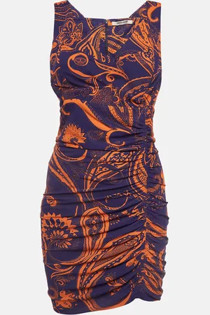 Roberto Cavalli And Orange Printed Jersey Ruched Mini Dress M