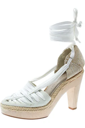 Stella McCartney Canvas Espadrille Trim Tie Up Block Heel Sandals Size 38