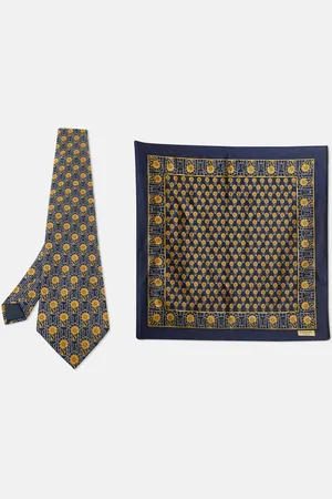 Lanvin Navy Floral Print Satin Silk Pocket Square and Tie