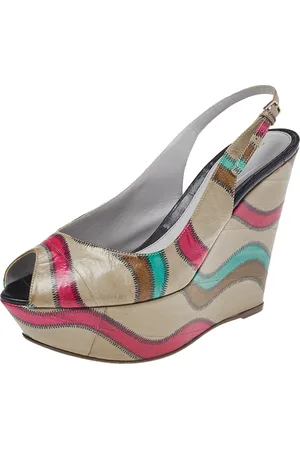 Sergio Rossi Multicolor Stitch Leather Platform Slingback Wedge Sandals Size 39