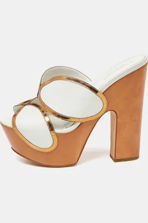 Sergio Rossi Leather Wooden Platform Slide Sandals Size 38