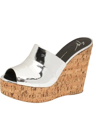 Giuseppe Zanotti Silver Leather Roz Cork Wedge Platform Slide Sandals Size 40