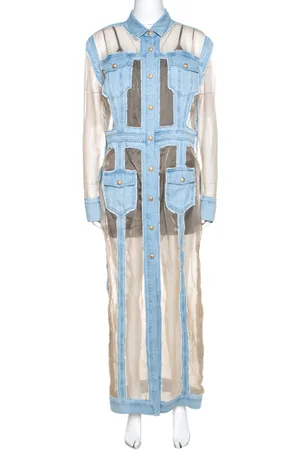 Balmain Bicolor Sheer Silk Panelled Denim Trim Shirt Dress L