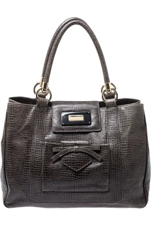 Emporio Armani Olive Croc Embossed Leather Front Pocket Tote