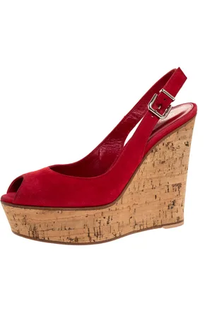 Gianvito Rossi Suede Leather Cork Wedge Peep Toe Platform Slingback Sandals Size 38.5