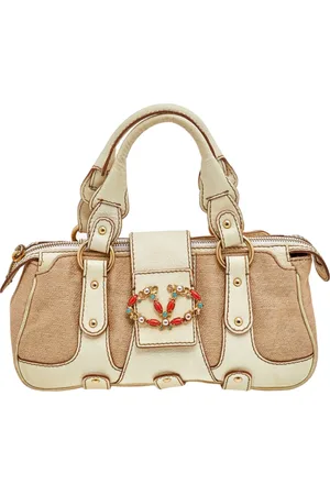 VALENTINO /Beige Fabric And Leather VLogo Flap Shoulder Bag