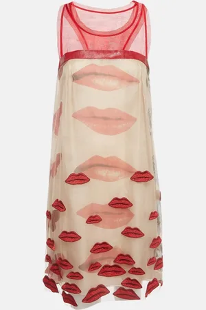 Alberta Ferretti Red/Beige Lip Applique Tulle Dress S