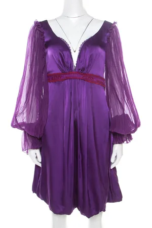 Roberto Cavalli Satin Embroidered Waist Detail Plunge Neck Dress M