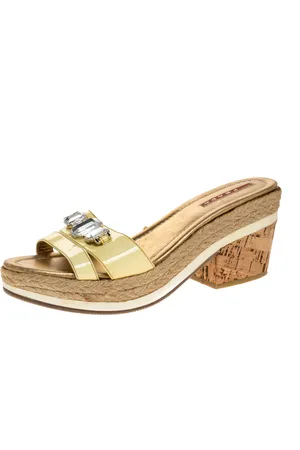 Prada Patent Leather Cork Wedge Espadrille Slide Sandals Size 38.5