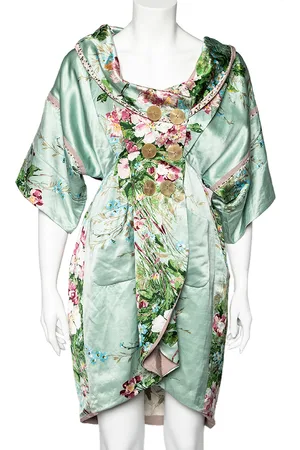 Kenzo Mint Floral Print Linen Blend Double Breasted Coat M