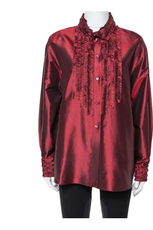 Kenzo Maroon Silk Ruffled Detail Long Sleeve Blouse M