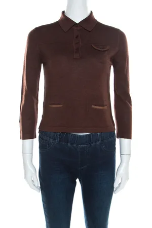 Prada Silk and Wool Rib Knit Leather Patch Detail Polo T- Shirt M