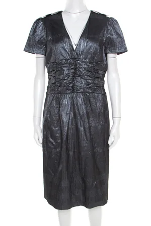 Burberry Silver Jacquard Plunge Neck Short Sleeve Dress M