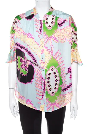 Roberto Cavalli Abstract Printed Silk Ruffle Sleeve Blouse L