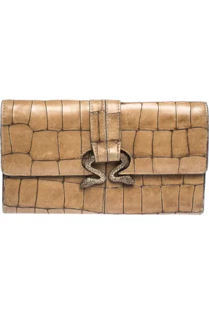 Roberto Cavalli Caramel Crocodile Embossed Leather Double Snake Flap Wallet