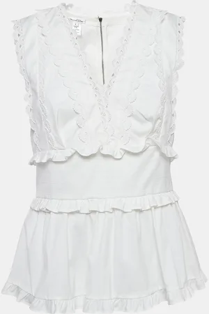 Oscar de la Renta Lace Trim Cotton Ruffled Peplum Top M