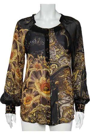 Roberto Cavalli Printed Silk Ruffled Neck Button Front Top M