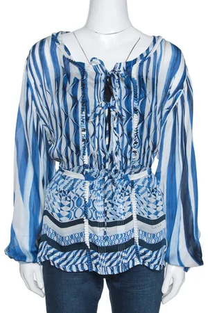 Roberto Cavalli And White Deco Print Silk Tie Up Blouse M