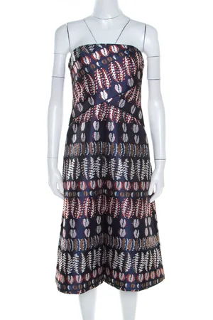 Tory Burch Lurex Fern Patterned Pleated Bodice Strapless Dress S