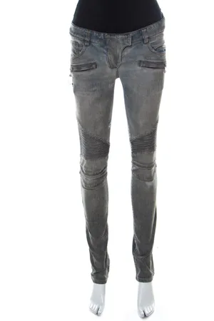 Balmain Washed Denim Pintucked Panel Zip Detail Skinny Jeans S