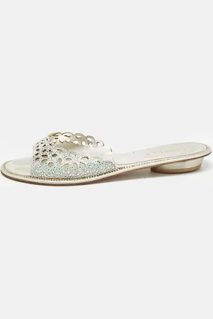 LE SILLA Crystal Embellished Textured Suede Flat Slides Size 37.5