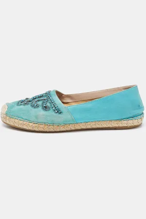 LE SILLA Turquoise Suede and Leather Crystal Embellished Espadrille Flats Size 39