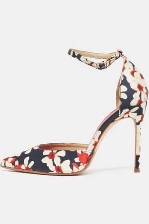 CH Carolina Herrera Tricolor Floral Print Satin Ankle Strap Pumps Size 37