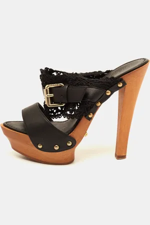 LE SILLA Leather and Lace Wooden Platform Slide Sandals Size 36