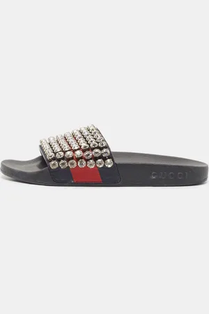 Gucci /Red Web Leather Crystal Embellished Slides Size 35