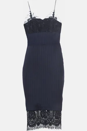 Victoria Beckham Pinstriped Wool Lace-Trimmed Midi Dress S