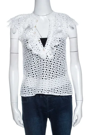 Oscar de la Renta Eyelet Lace Ruffle Detail Top M