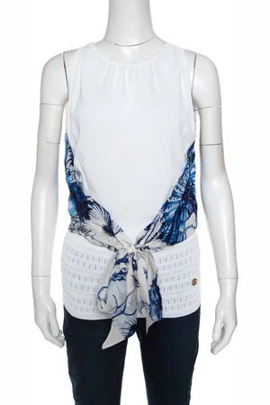 Roberto Cavalli And Blue Printed Cutout Back Front Tie Sleeveless Top S