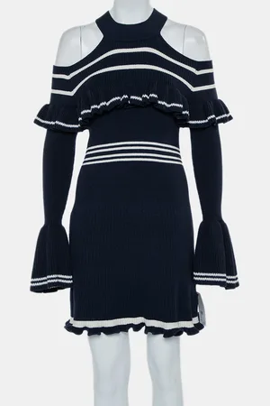 Self-Portrait Rib Knit Ruffled Cold Shoulder Dress M
