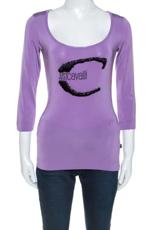 Roberto Cavalli Lilac Jersey Embellished Logo Scoop Neck Top S