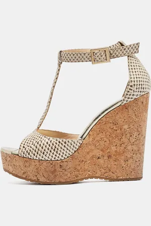 Jimmy Choo Two Tone Embossed Snakeskin Pela Wedge Sandals Size 38.5