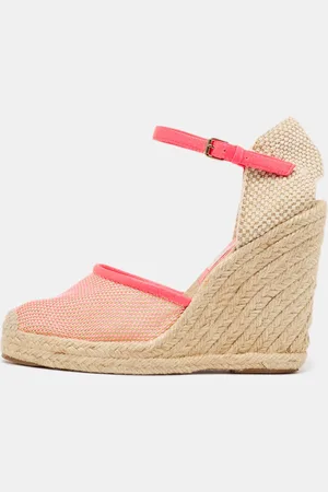 Stella McCartney /Beige Mesh and Woven Canvas Wedge Espadrille Ankle Strap Sandals Size 38