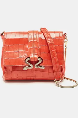 Roberto Cavalli Red Crocodile Embossed Leather Serpenti Flap Chain Bag