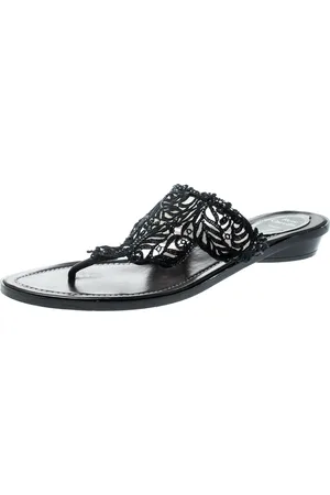 RENE CAOVILLA Rene Caovilla Crystal Embellished Lace And Leather Flat Thong Sandals Size 39