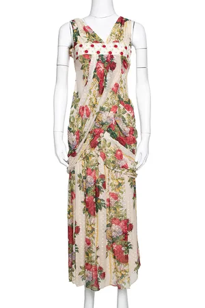 Kenzo Polka Textured Floral Print Silk Draped Maxi Dress S