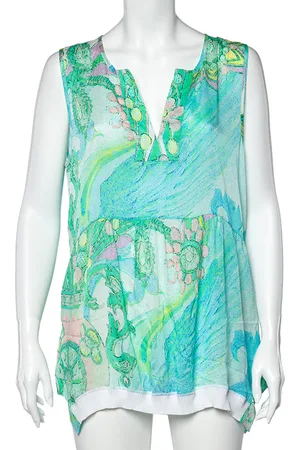 Roberto Cavalli Printed Silk Rib Knit Trim Detailed Top L