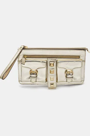 Gucci Gold Laminate Leather Studded Evening Wristlet Clutch